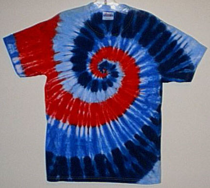 Fire Red, Navy, and Subtle Blues make this tie-dye design a great choice for family reunions.
