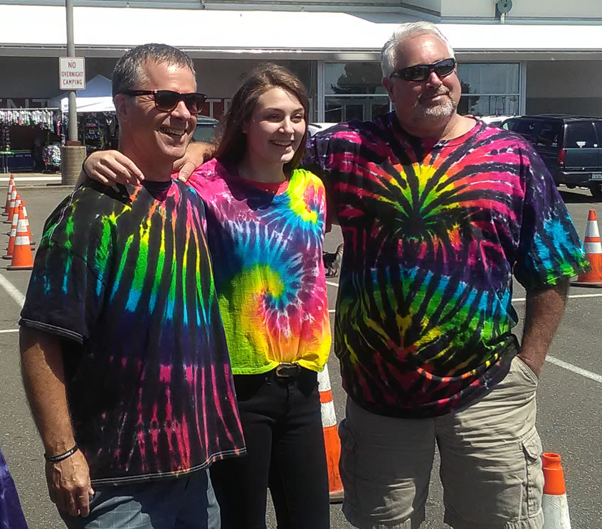 Friends wearing the Rainbow Spiral, Classic Feather, and Jet Black Spider Tie-dyes